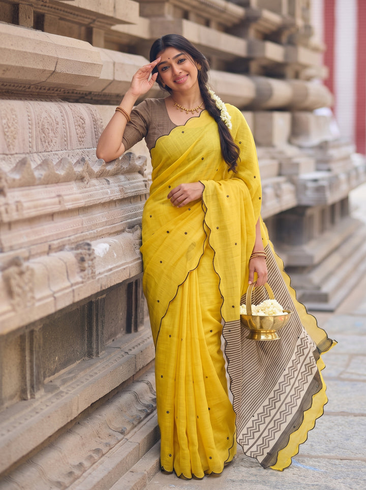 Yellow Mul Cotton Saree with Aari Foil Mirror Work, Embroidered Arco Border & Printed Pallu with Blouse Piece