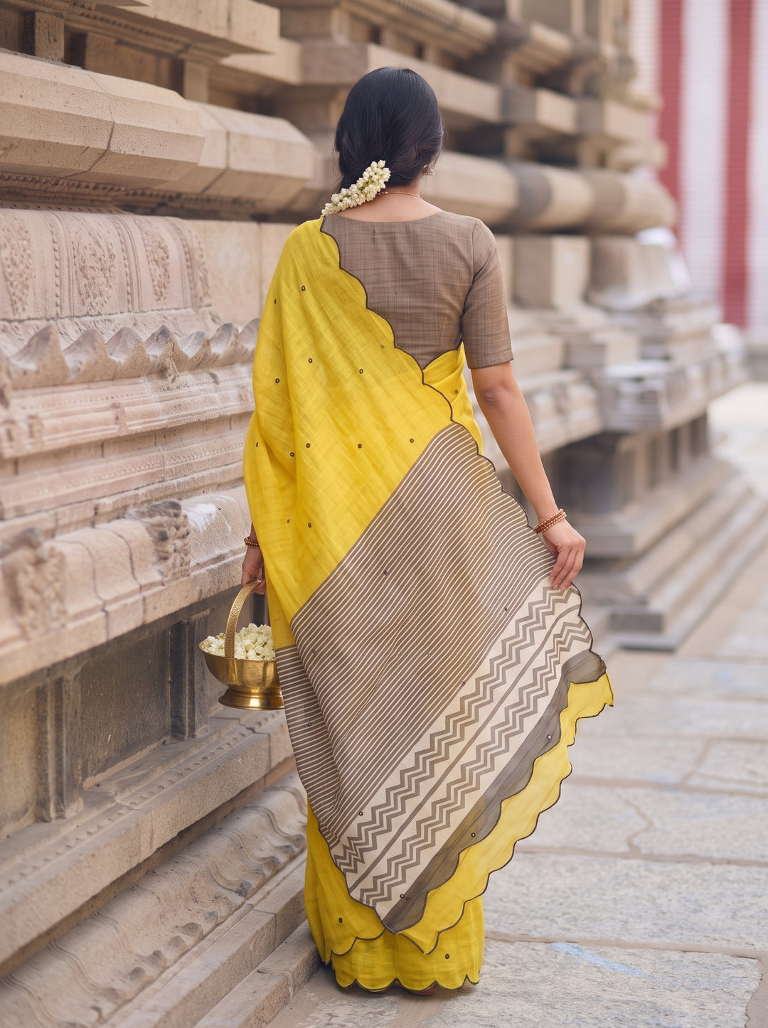 Yellow Mul Cotton Saree with Aari Foil Mirror Work, Embroidered Arco Border & Printed Pallu with Blouse Piece