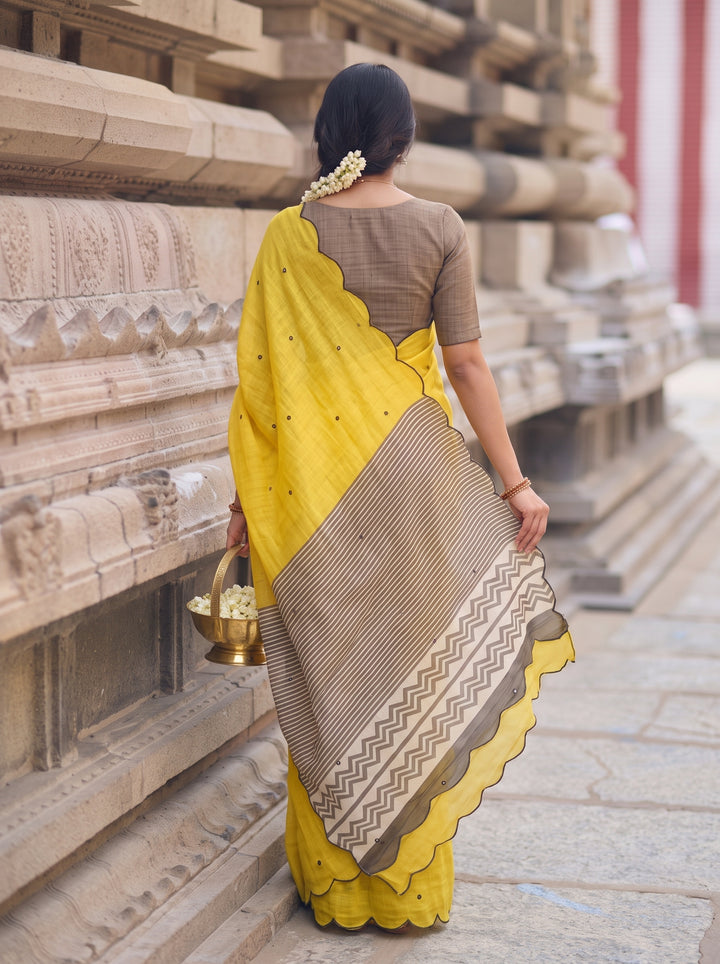 Yellow Mul Cotton Saree with Aari Foil Mirror Work, Embroidered Arco Border & Printed Pallu with Blouse Piece