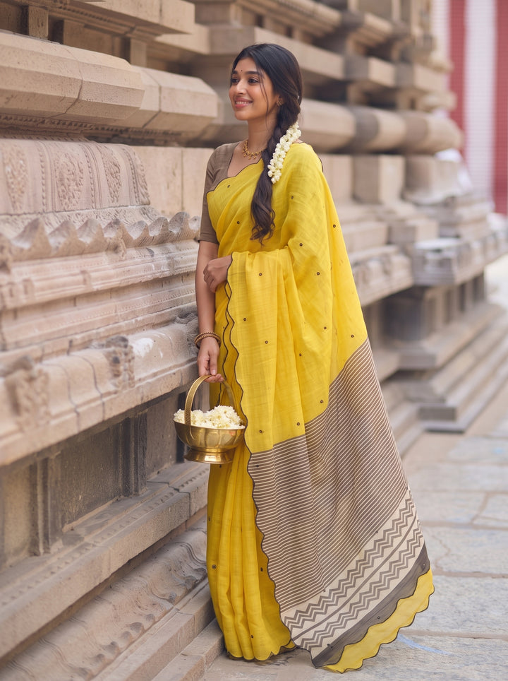 Yellow Mul Cotton Saree with Aari Foil Mirror Work, Embroidered Arco Border & Printed Pallu with Blouse Piece