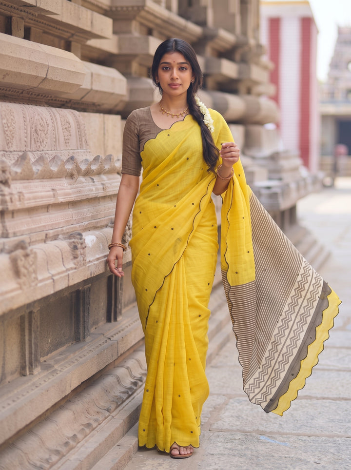 Yellow Mul Cotton Saree with Aari Foil Mirror Work, Embroidered Arco Border & Printed Pallu with Blouse Piece