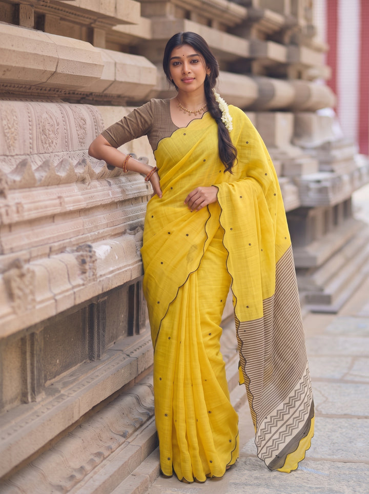 Yellow Mul Cotton Saree with Aari Foil Mirror Work, Embroidered Arco Border & Printed Pallu with Blouse Piece