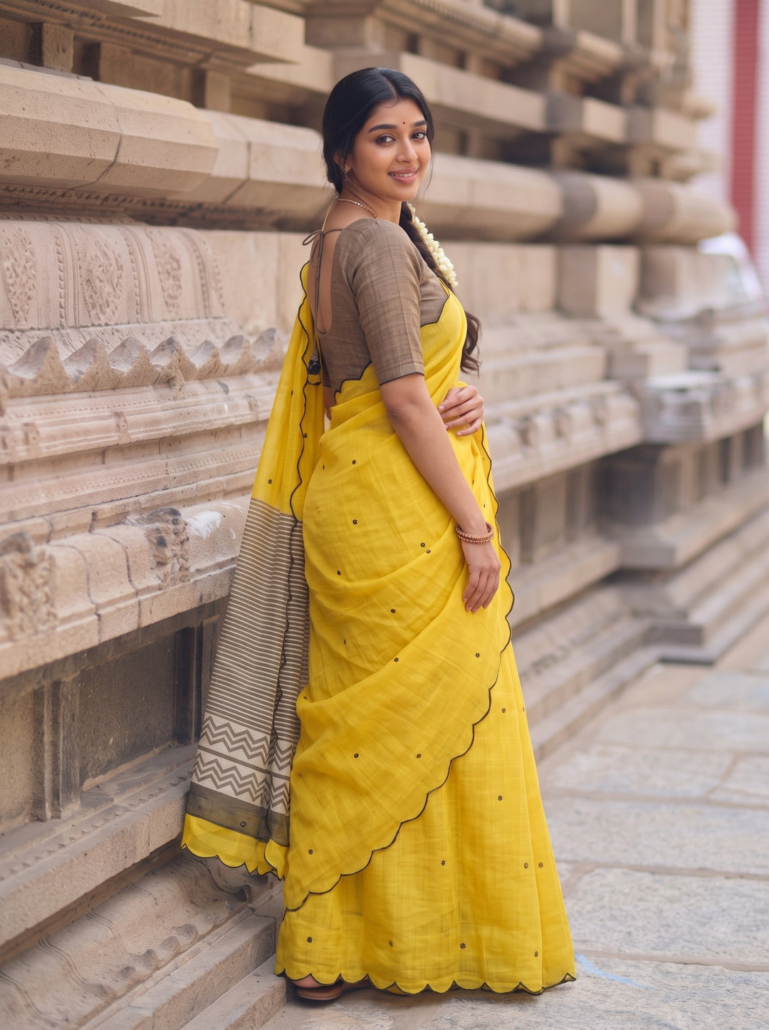 Yellow Mul Cotton Saree with Aari Foil Mirror Work, Embroidered Arco Border & Printed Pallu with Blouse Piece