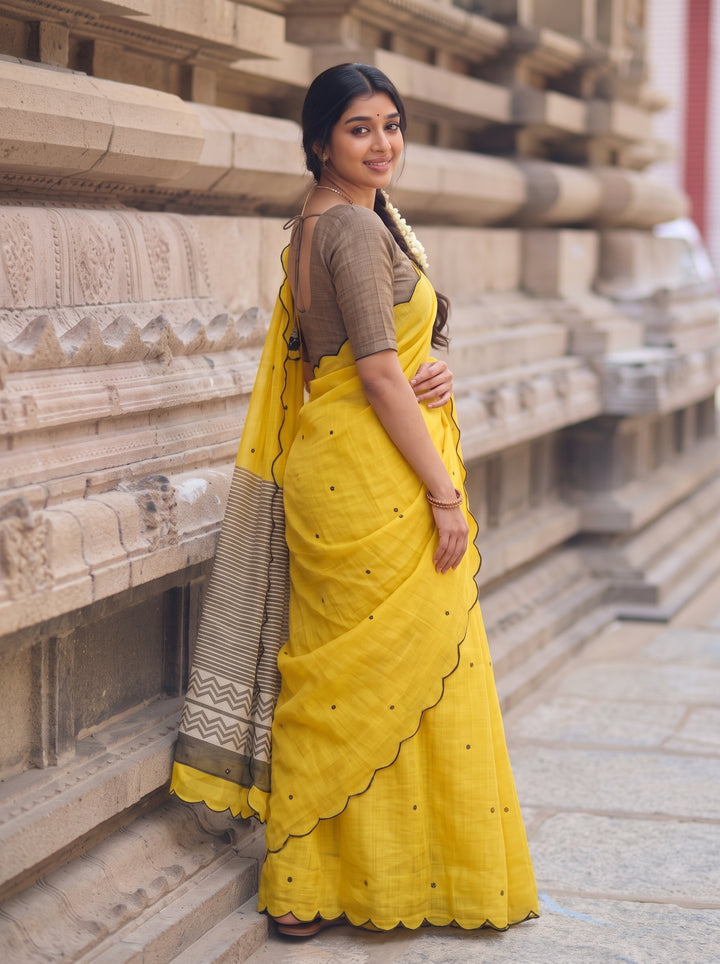 Yellow Mul Cotton Saree with Aari Foil Mirror Work, Embroidered Arco Border & Printed Pallu with Blouse Piece
