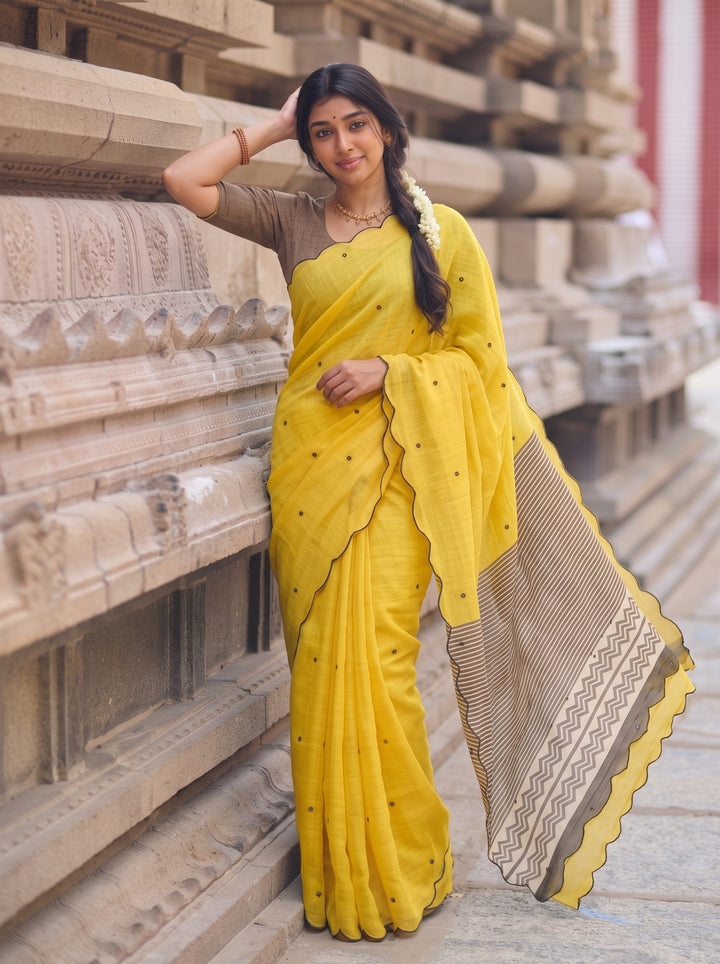 Yellow Mul Cotton Saree with Aari Foil Mirror Work, Embroidered Arco Border & Printed Pallu with Blouse Piece