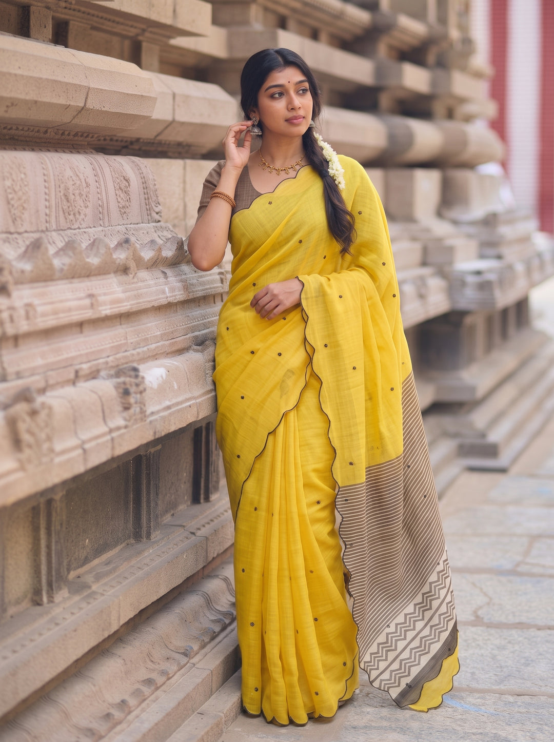 Yellow Mul Cotton Saree with Aari Foil Mirror Work, Embroidered Arco Border & Printed Pallu with Blouse Piece