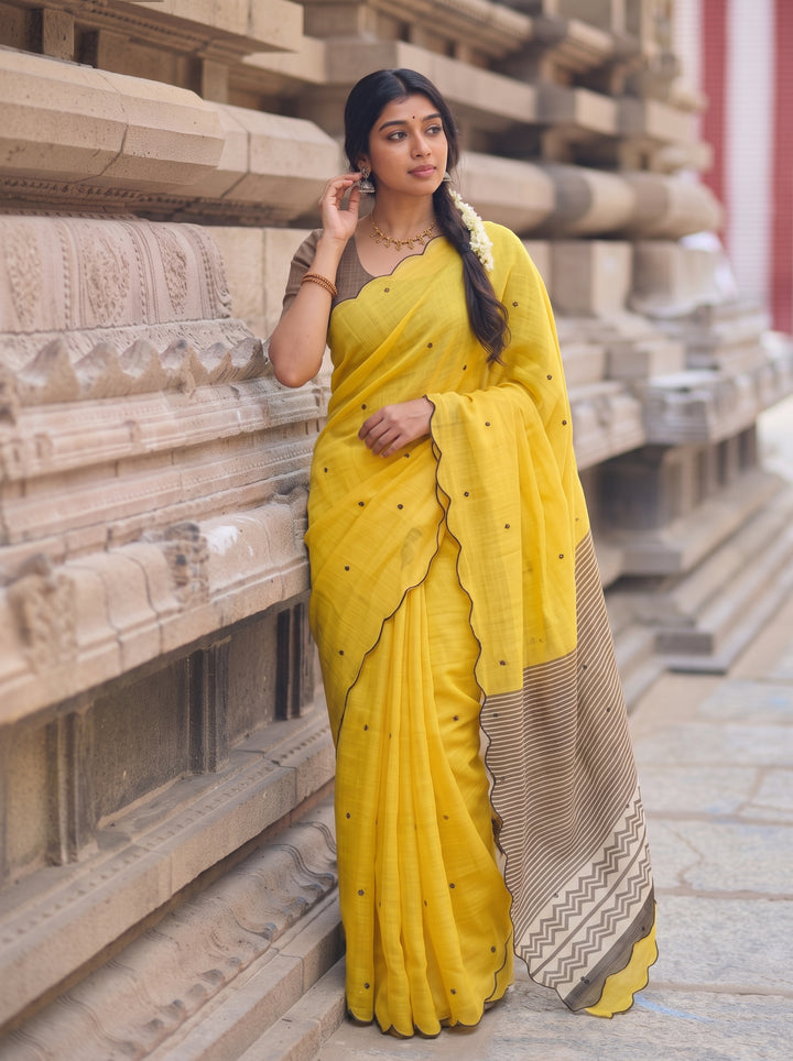 Yellow Mul Cotton Saree with Aari Foil Mirror Work, Embroidered Arco Border & Printed Pallu with Blouse Piece