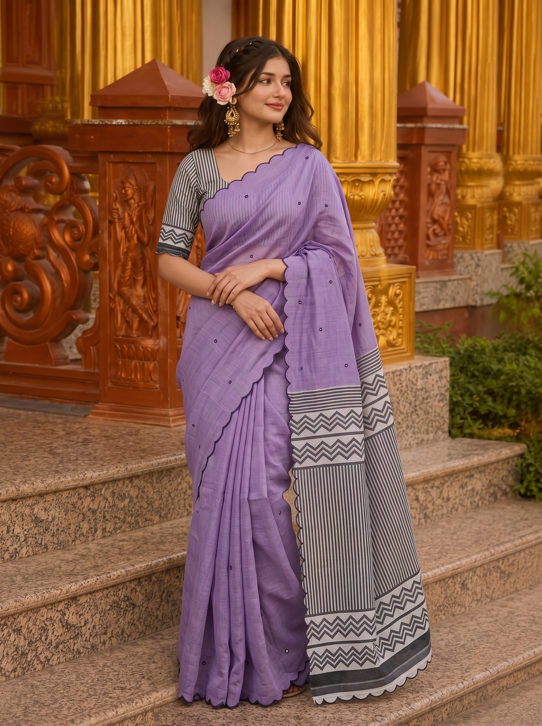Lavender Mul Cotton Saree with Aari Foil Mirror Work, Embroidered Arco Border & Contrast Printed Pallu with Blouse Piece