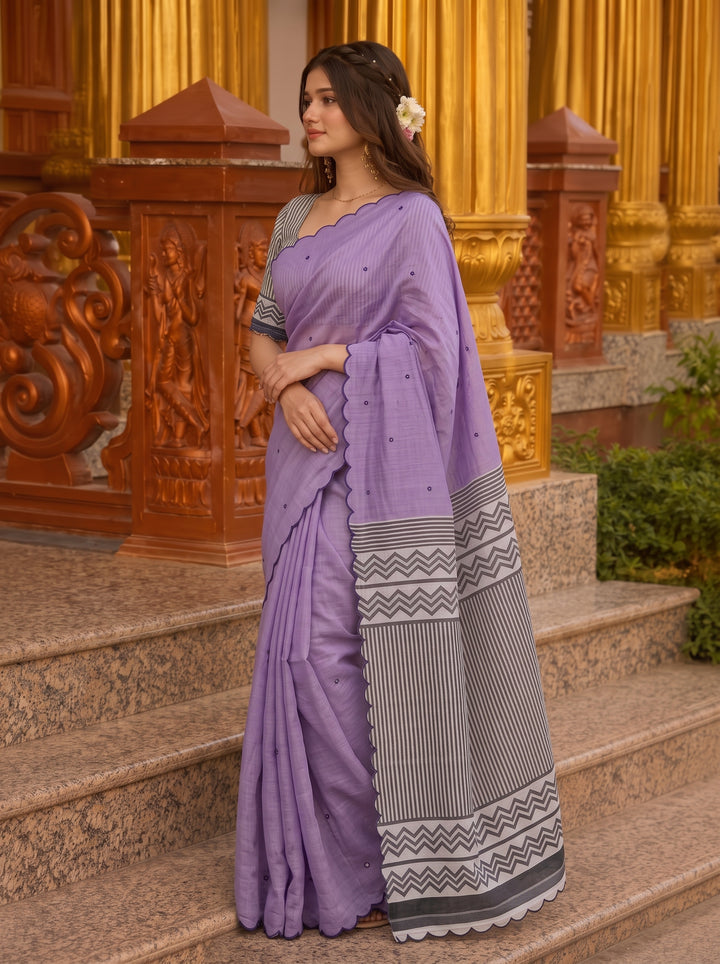 Lavender Mul Cotton Saree with Aari Foil Mirror Work, Embroidered Arco Border & Contrast Printed Pallu with Blouse Piece