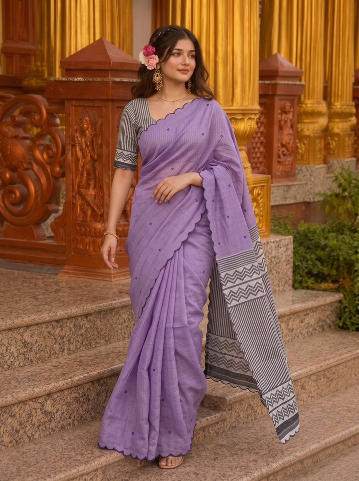 Lavender Mul Cotton Saree with Aari Foil Mirror Work, Embroidered Arco Border & Contrast Printed Pallu with Blouse Piece