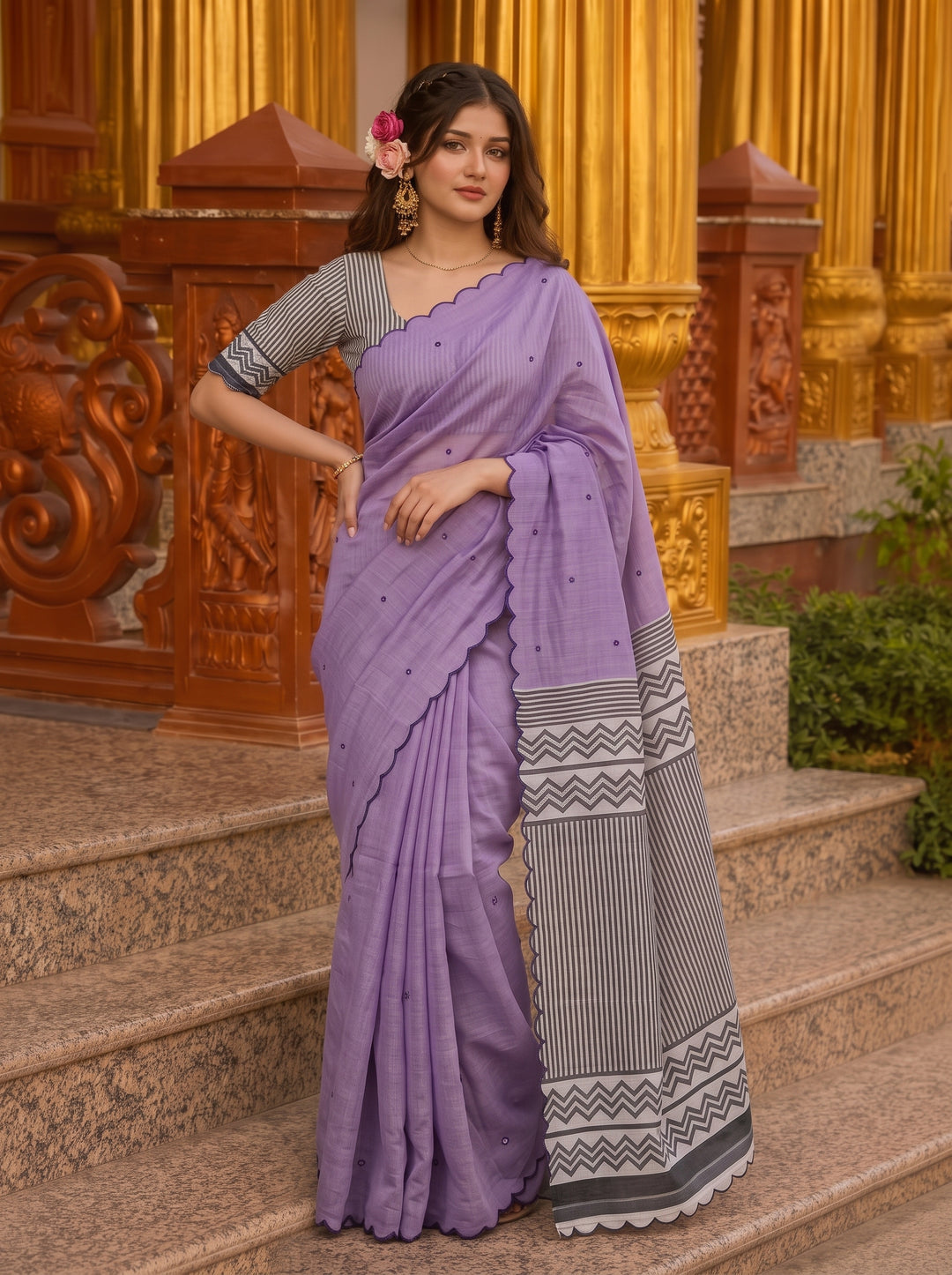 Lavender Mul Cotton Saree with Aari Foil Mirror Work, Embroidered Arco Border & Contrast Printed Pallu with Blouse Piece