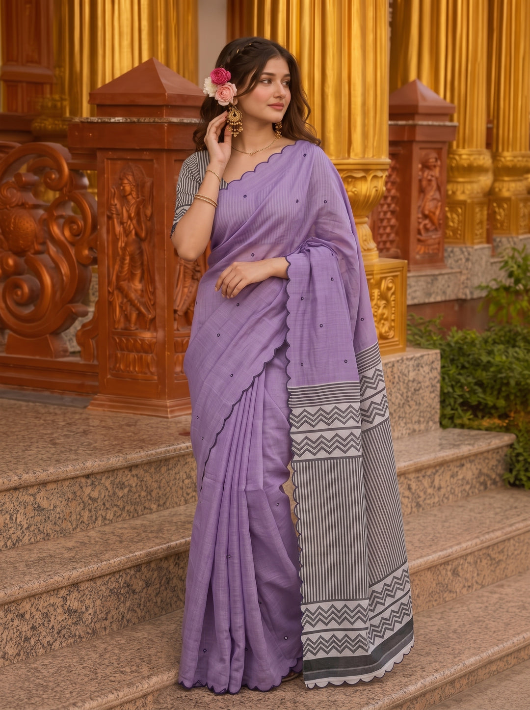 Lavender Mul Cotton Saree with Aari Foil Mirror Work, Embroidered Arco Border & Contrast Printed Pallu with Blouse Piece