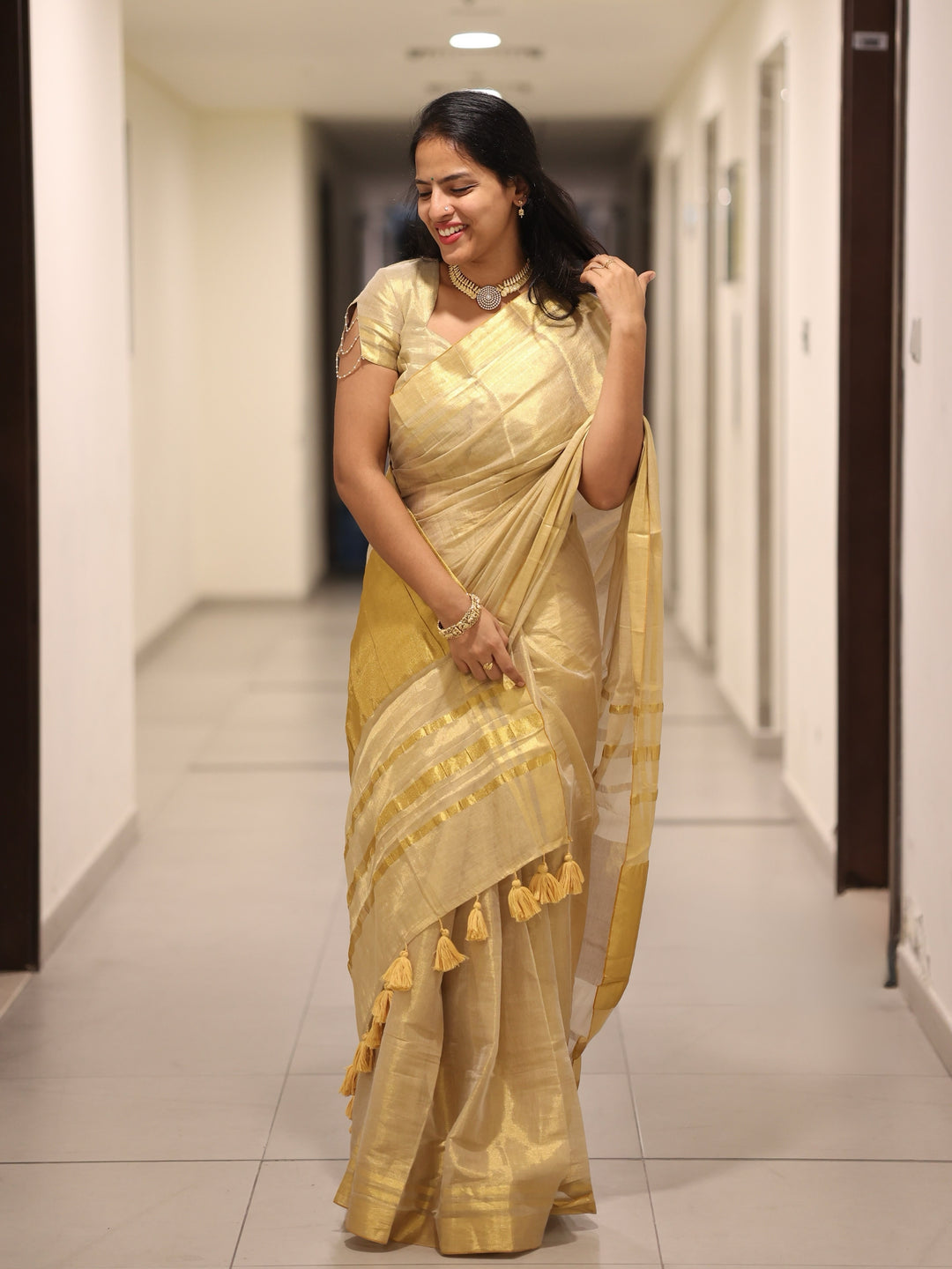 Royal Gold Kasavu Saree with Shimmer Zari Weave, Statement Pallu & Tassels on Edges, Comes With Attached Blouse Piece