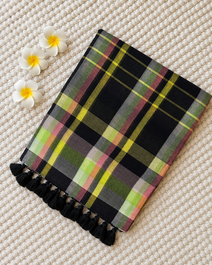 Black Multicolour Madras Checkered Mul Cotton Saree with Tassels & Attached Blouse Piece