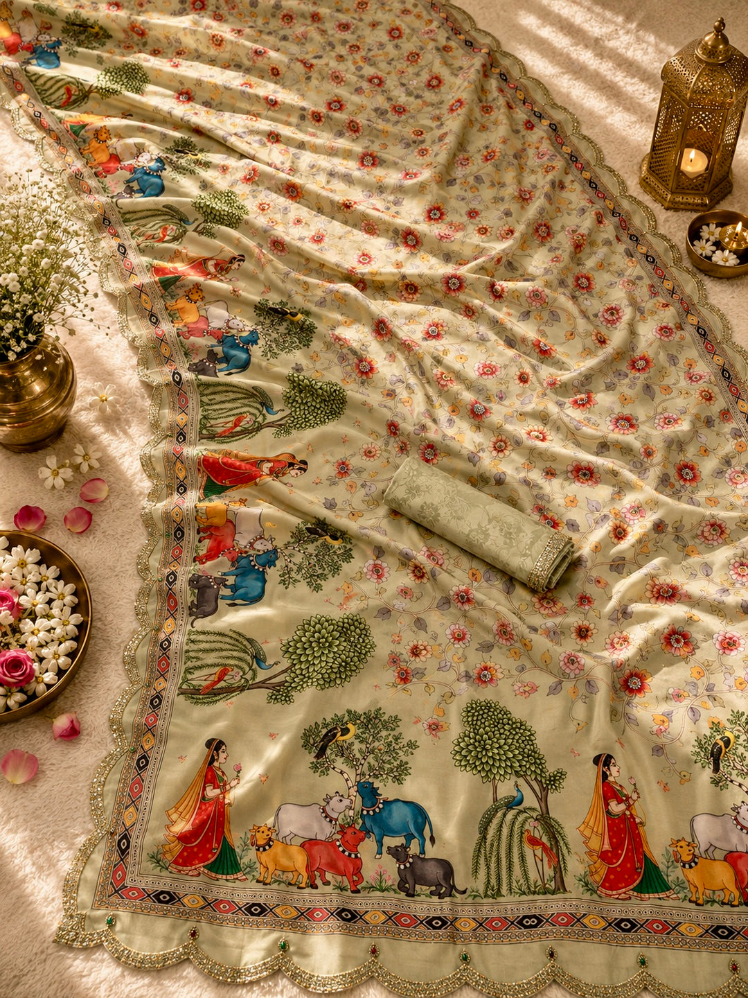 Emerald Green Modal Silk Peacock & Floral Printed Saree with Swarovski Scalloped Border & Blouse Piece (Copy)