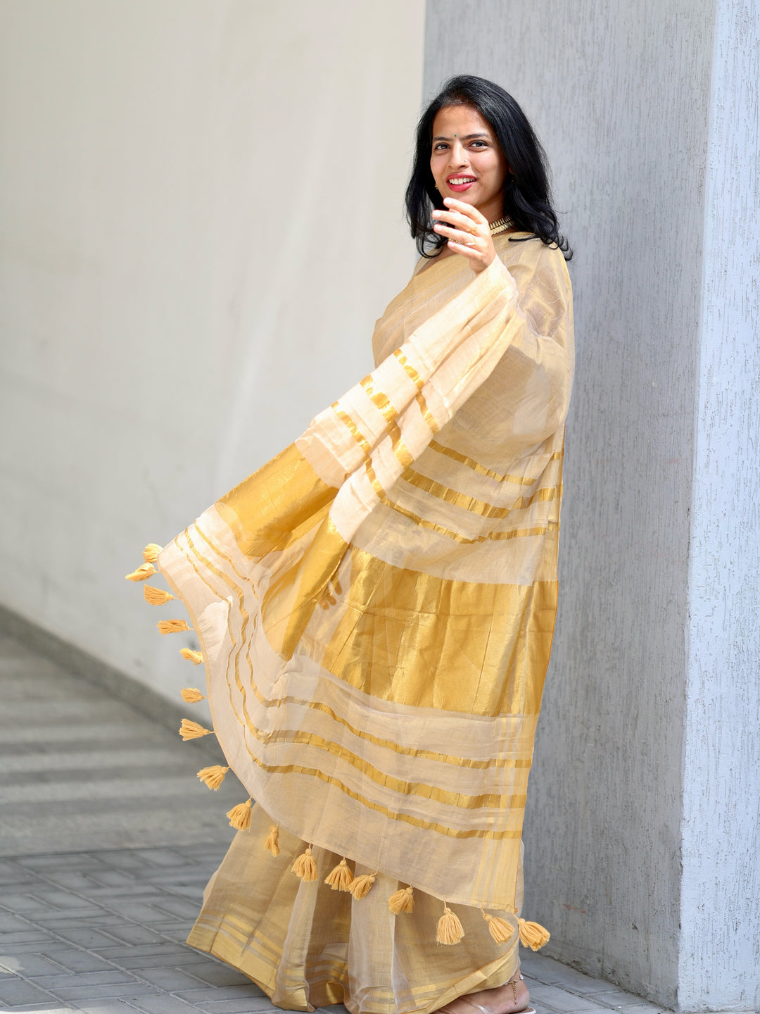 Royal Gold Kasavu Saree with Shimmer Zari Weave, Statement Pallu & Tassels on Edges, Comes With Attached Blouse Piece