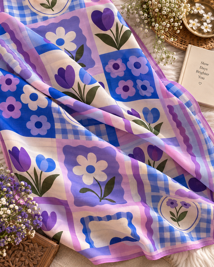 Lilac Blue Chinnon Saree with Retro Floral Patchwork & Check Print and Attached Blouse Piece