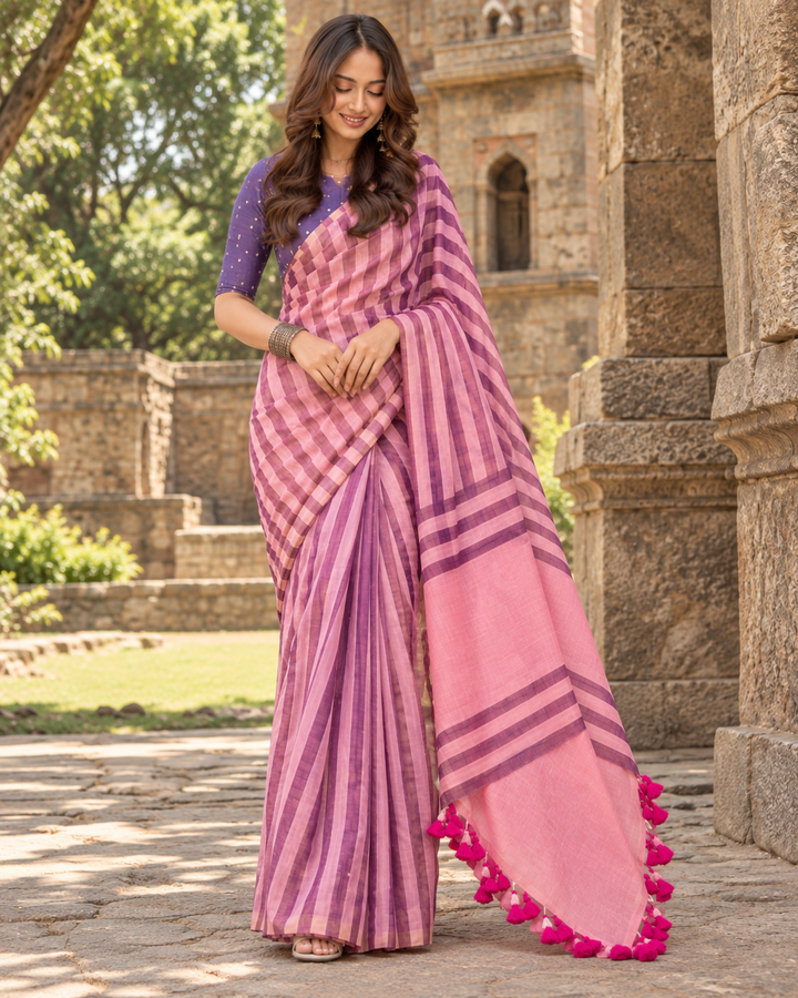 Handloom Erode Shimmer Pink & Purple Striped Saree with Contrast Pallu & Tassels