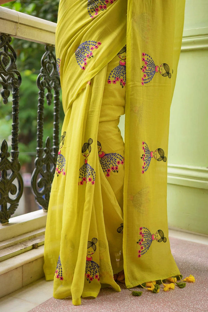 Lime Green Mul Cotton Saree with Embroidered Doll Motifs & Floral Detailing