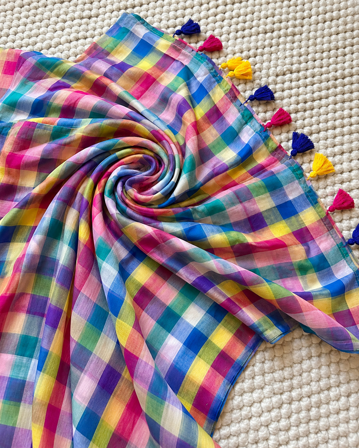 Multicolour Madras Checkered Mul Cotton Saree with Colourful Tassels & Attached Blouse Piece
