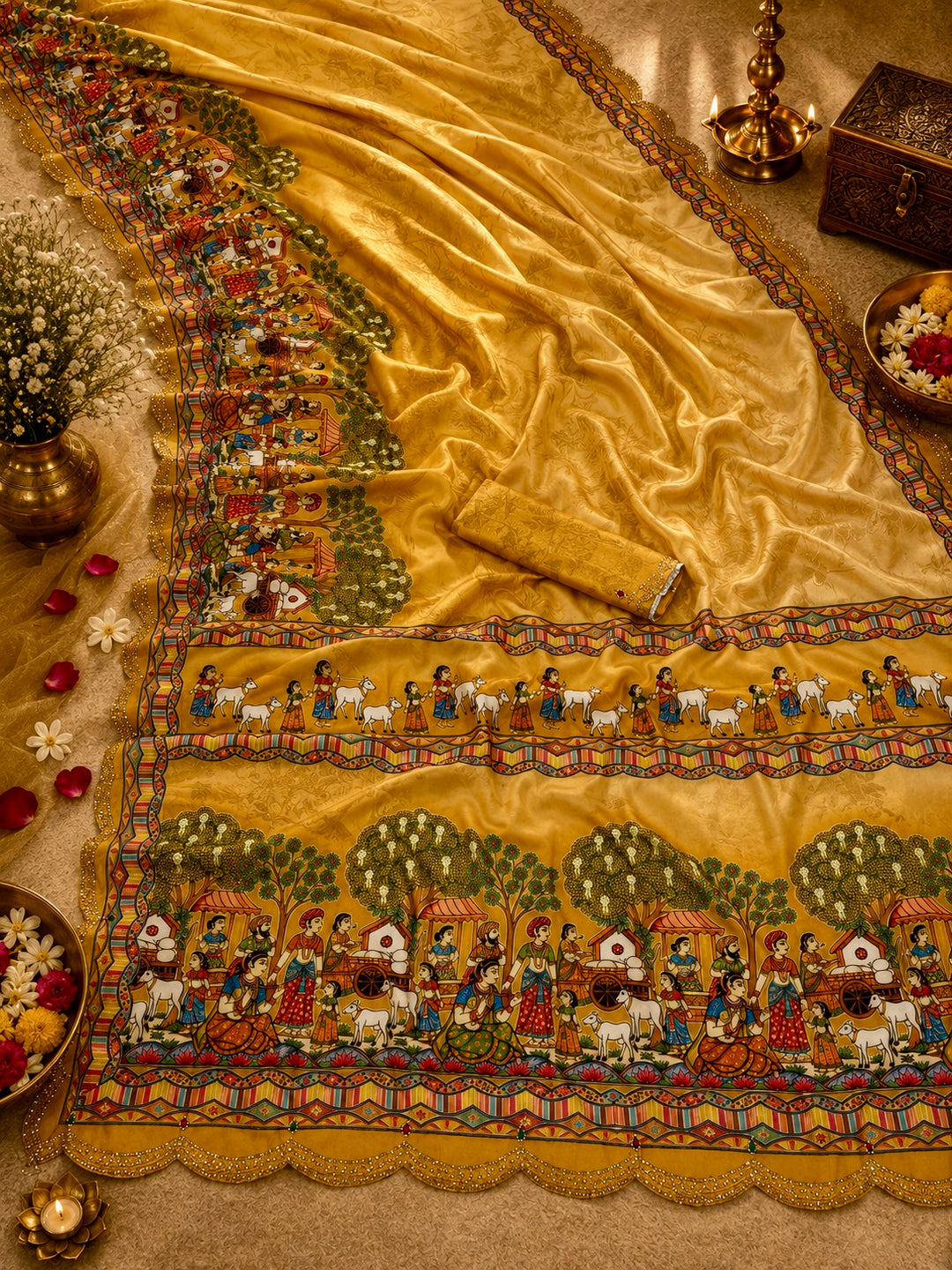 Mustard Yellow Modal Silk Traditional Village Print Saree with Swarovski Scalloped Border & Blouse Piece