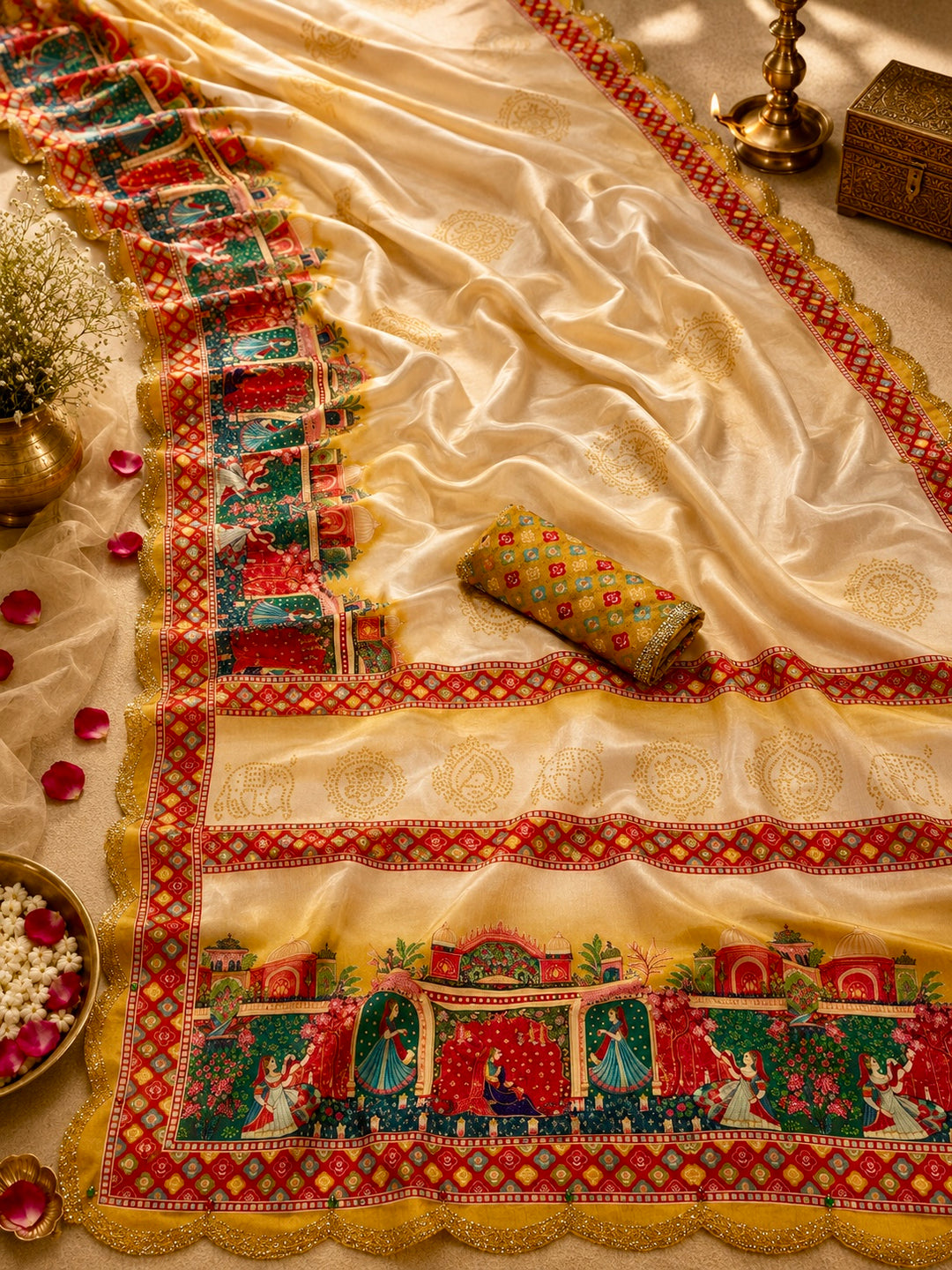 Ivory Gold Modal Silk Saree with Royal Heritage Wedding Print, Statement Pallu & Scalloped Embellished Border