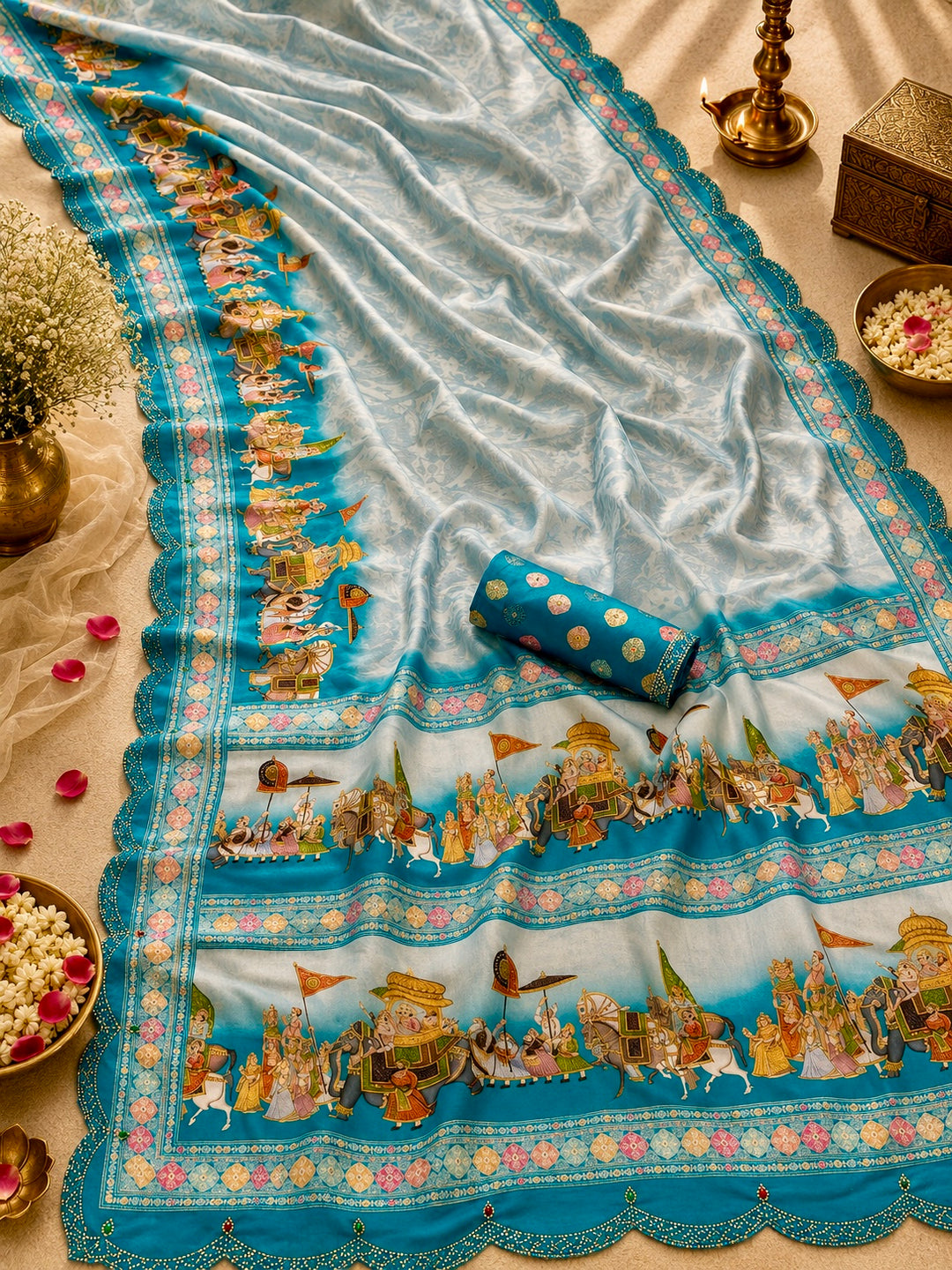 Sky Blue Modal Silk Saree with Royal Procession Print, Heritage Pallu & Scalloped Embellished Border