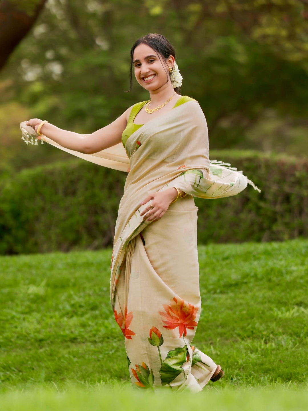 Royal Kasavu Lotus Print Saree with Shimmer Zari Weave, Statement Pallu & Tassels on Edges, Comes With Attached Blouse Piece
