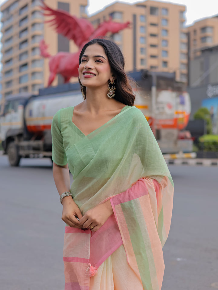 Pastel Green & Pink Mul Cotton Colorblock Saree for Women with Striped Pallu & Tassels | Soft Breathable Office & Daily Wear