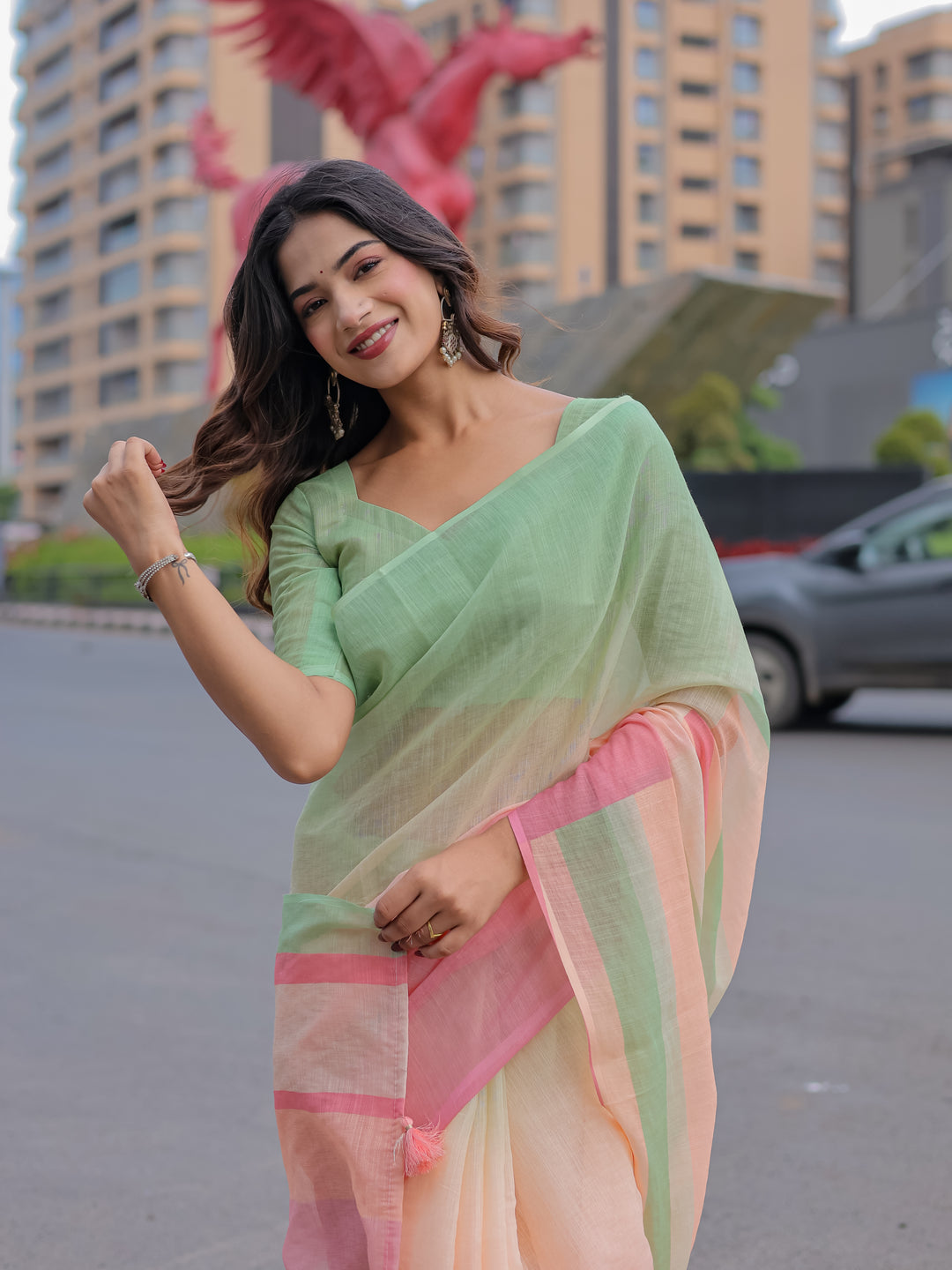 Pastel Green & Pink Mul Cotton Colorblock Saree for Women with Striped Pallu & Tassels | Soft Breathable Office & Daily Wear