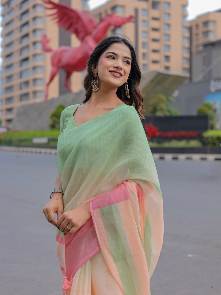 Pastel Green & Pink Mul Cotton Colorblock Saree for Women with Striped Pallu & Tassels | Soft Breathable Office & Daily Wear