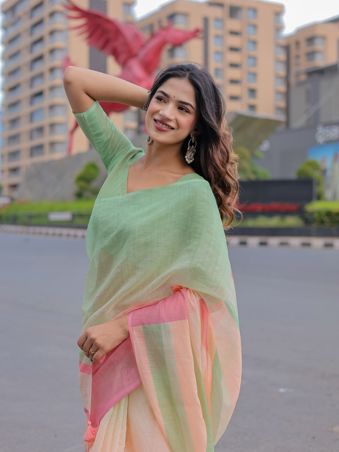 Pastel Green & Pink Mul Cotton Colorblock Saree for Women with Striped Pallu & Tassels | Soft Breathable Office & Daily Wear