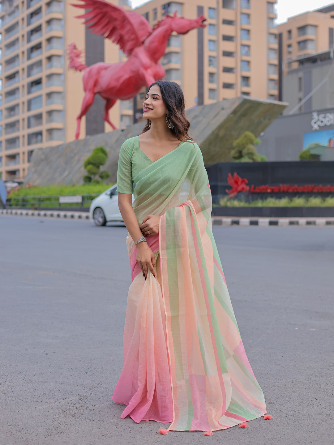 Pastel Green & Pink Mul Cotton Colorblock Saree for Women with Striped Pallu & Tassels | Soft Breathable Office & Daily Wear