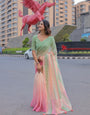 Pastel Green & Pink Mul Cotton Colorblock Saree for Women with Striped Pallu & Tassels | Soft Breathable Office & Daily Wear, Comes With Attached Blouse Piece