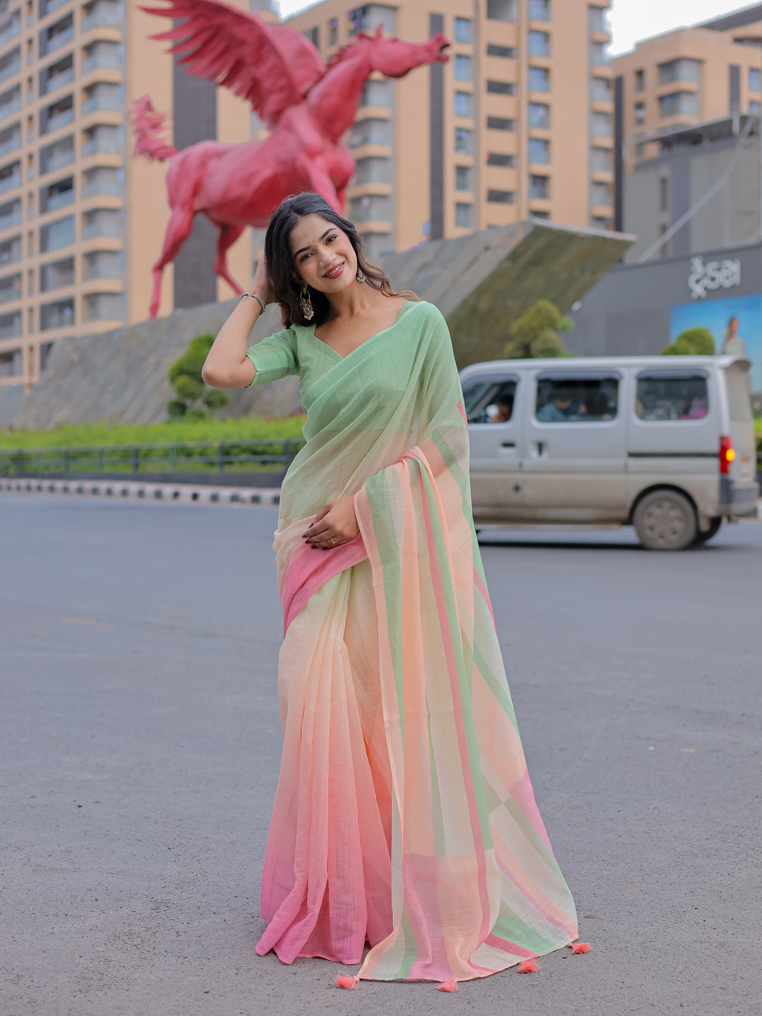 Pastel Green & Pink Mul Cotton Colorblock Saree for Women with Striped Pallu & Tassels | Soft Breathable Office & Daily Wear