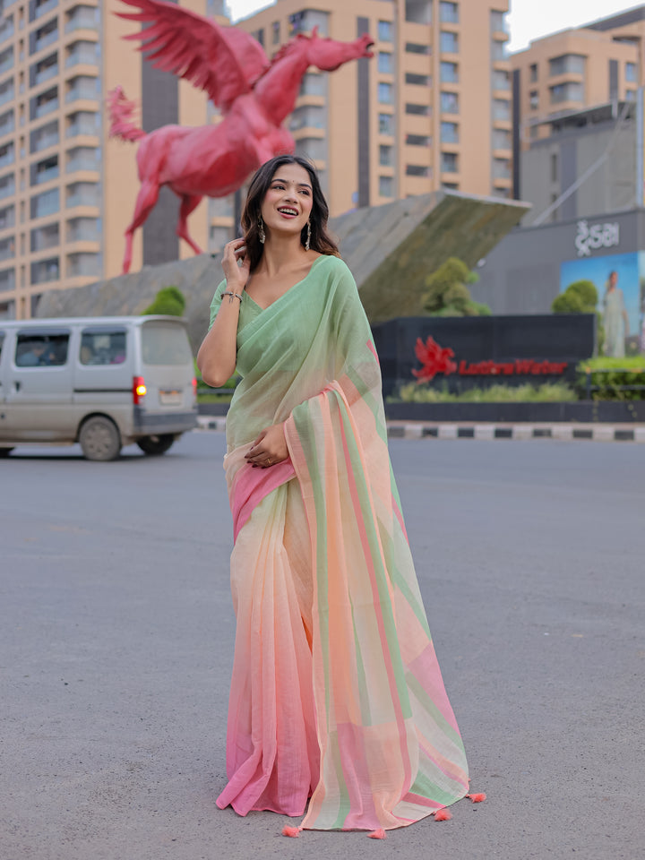 Pastel Green & Pink Mul Cotton Colorblock Saree for Women with Striped Pallu & Tassels | Soft Breathable Office & Daily Wear