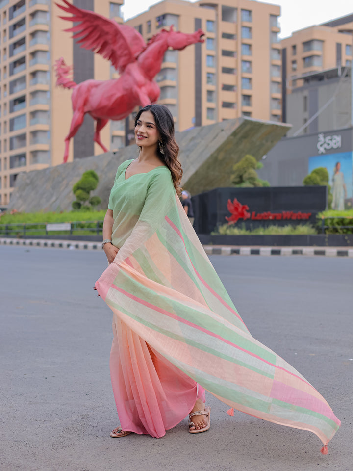Pastel Green & Pink Mul Cotton Colorblock Saree for Women with Striped Pallu & Tassels | Soft Breathable Office & Daily Wear
