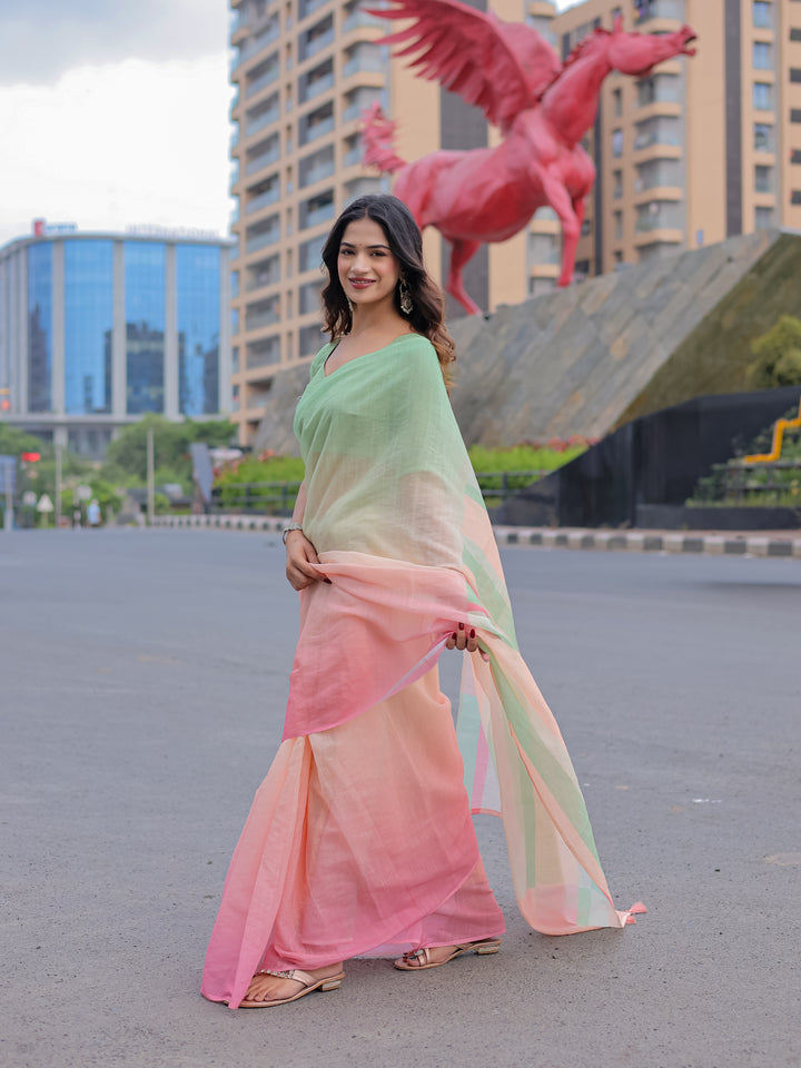Pastel Green & Pink Mul Cotton Colorblock Saree for Women with Striped Pallu & Tassels | Soft Breathable Office & Daily Wear