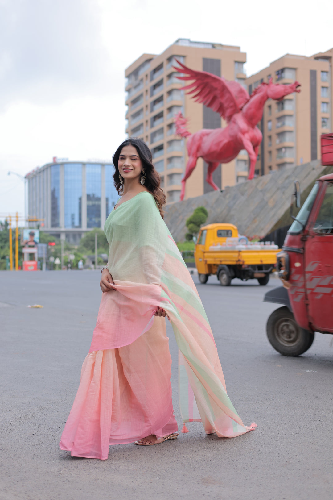 Pastel Green & Pink Mul Cotton Colorblock Saree for Women with Striped Pallu & Tassels | Soft Breathable Office & Daily Wear