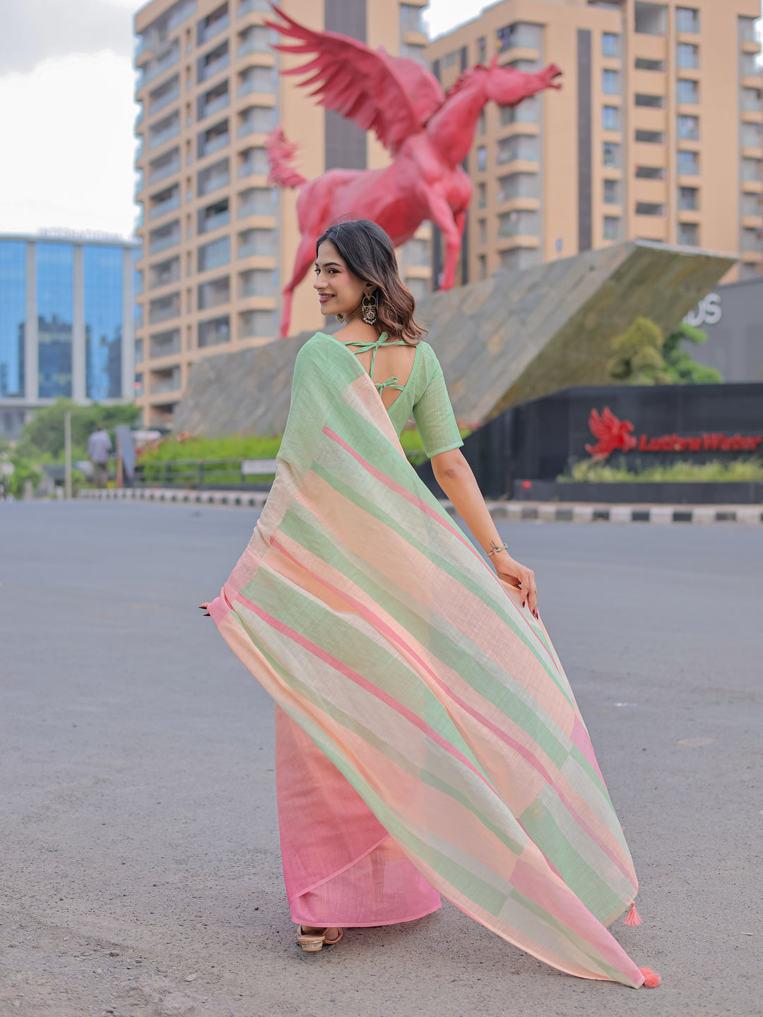 Pastel Green & Pink Mul Cotton Colorblock Saree for Women with Striped Pallu & Tassels | Soft Breathable Office & Daily Wear