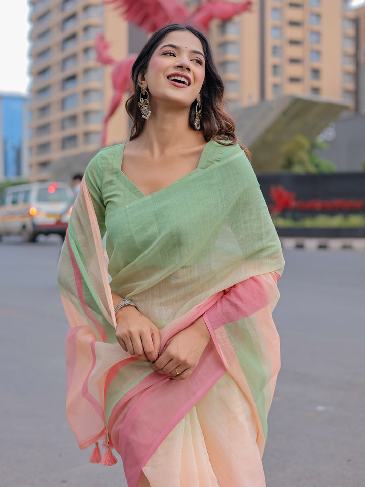 Pastel Green & Pink Mul Cotton Colorblock Saree for Women with Striped Pallu & Tassels | Soft Breathable Office & Daily Wear