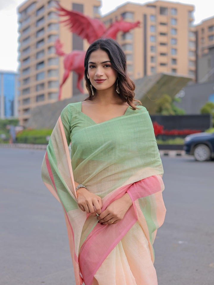 Pastel Green & Pink Mul Cotton Colorblock Saree for Women with Striped Pallu & Tassels | Soft Breathable Office & Daily Wear