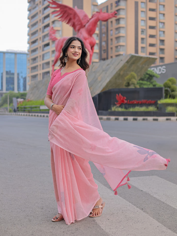 Blush Pink Mul Cotton Saree with Minimal Woven Motifs & Tassel Pallu | Soft Everyday & Office Wear Saree