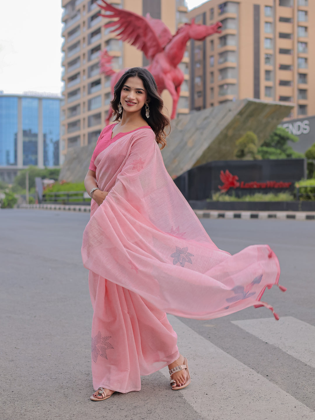 Blush Pink Mul Cotton Saree with Minimal Woven Motifs & Tassel Pallu | Soft Everyday & Office Wear Saree