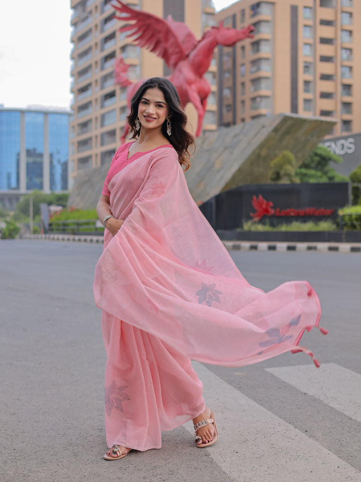 Blush Pink Mul Cotton Saree with Minimal Woven Motifs & Tassel Pallu | Soft Everyday & Office Wear Saree