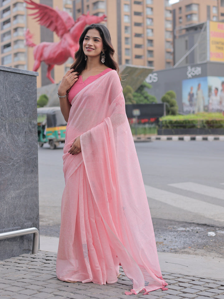 Blush Pink Mul Cotton Saree with Minimal Woven Motifs & Tassel Pallu | Soft Everyday & Office Wear Saree