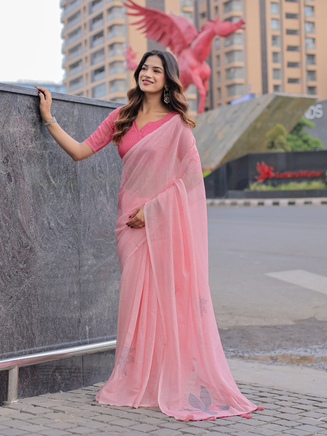Blush Pink Mul Cotton Saree with Minimal Woven Motifs & Tassel Pallu | Soft Everyday & Office Wear Saree