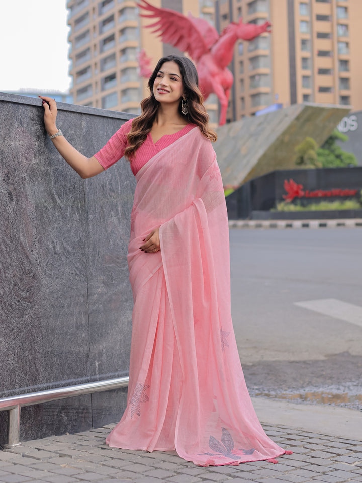Blush Pink Mul Cotton Saree with Minimal Woven Motifs & Tassel Pallu | Soft Everyday & Office Wear Saree