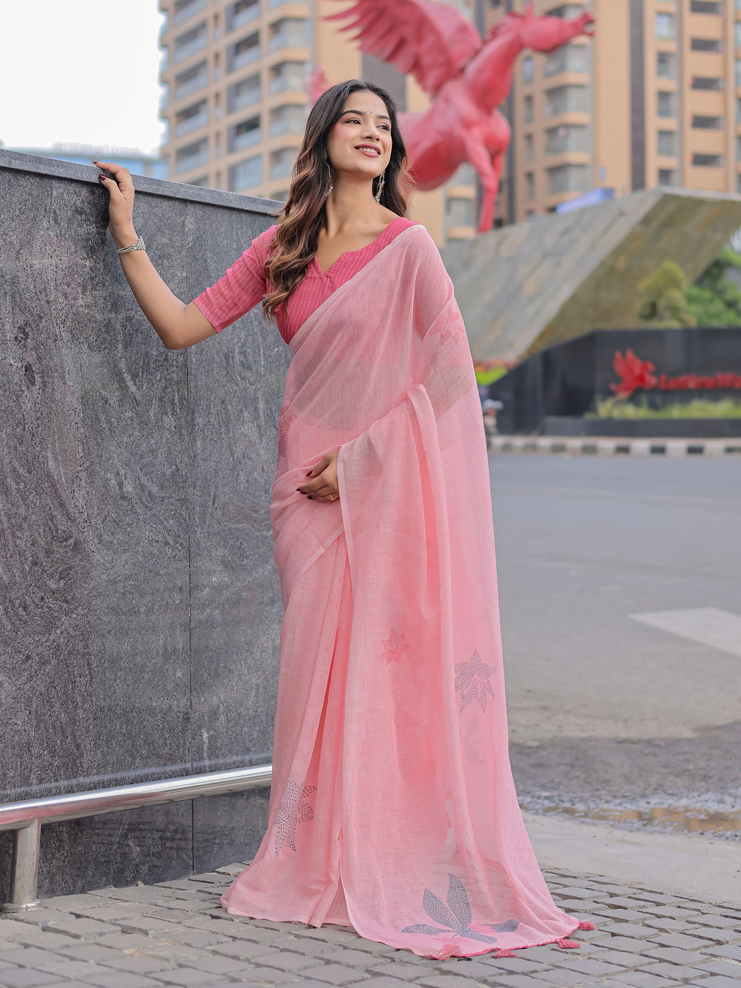 Blush Pink Mul Cotton Saree with Minimal Woven Motifs & Tassel Pallu | Soft Everyday & Office Wear Saree