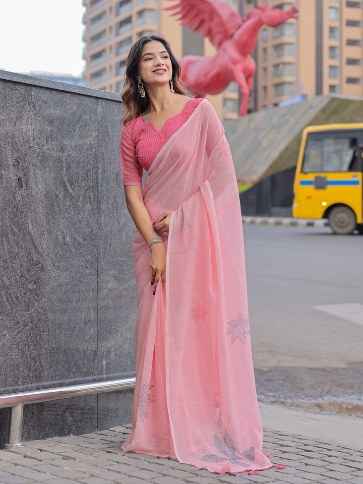 Blush Pink Mul Cotton Saree with Minimal Woven Motifs & Tassel Pallu | Soft Everyday & Office Wear Saree